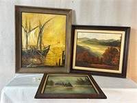 3pc Oil Paintings: Ship, Mountains, Lake