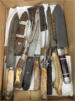 Box of misc knives, sharpeners,sheaths