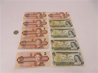 6 billets 2$ Canada 1986 et 4 billets Canada 1973