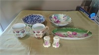 ANTIQUE BOWLS AND CUPS AND SALT AND PEPPER SHAKER