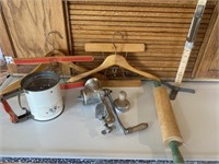OLD HANGERS, SIFTER, ROLLING PIN, HEM MARKER AND