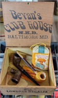 PIPES, TOBACCO & EARLY WOODEN CIGAR BOX