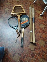 Vtg wooden baseball bats, tennis rackets