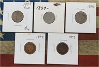 5 INDIAN CENTS: 1888 F, 89 91 92 93
