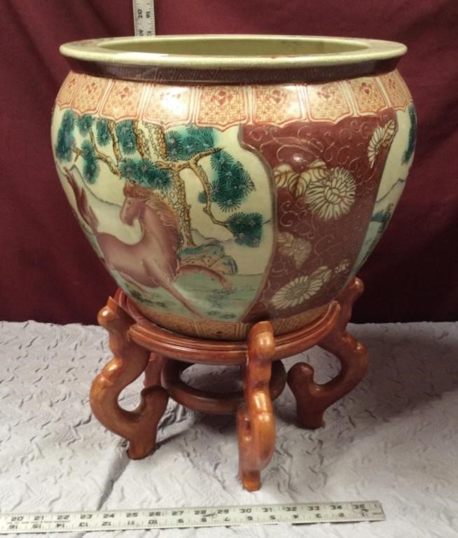 Asian Fish Bowl Jardiniere with Stand
