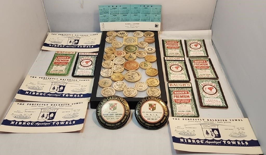 Vintage Advertising Lot with 30+ Wooden Nickels