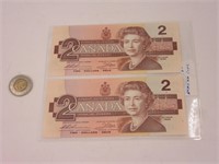 2 billets 2$ canada 1986 avec numéro de série