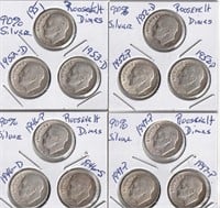 12 Very Fine 90% Silver Roosevelt Coins In Flips