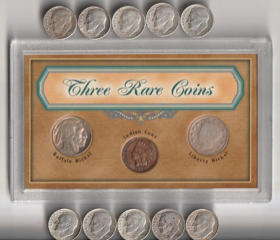 3 Rare Coins Plus 10- 90% Silver Roosevelt Dimes