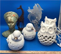 Lot of Ceramic and Porcelain Decor: Owl Lights,