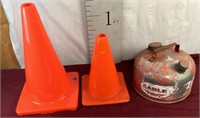 Two Traffic Cones And A Metal Gas Can