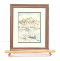 Signed Watercolor of Portuguese Fishing Village