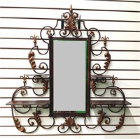 Wrought Iron & Tin Decorative Mirror w/Shelving