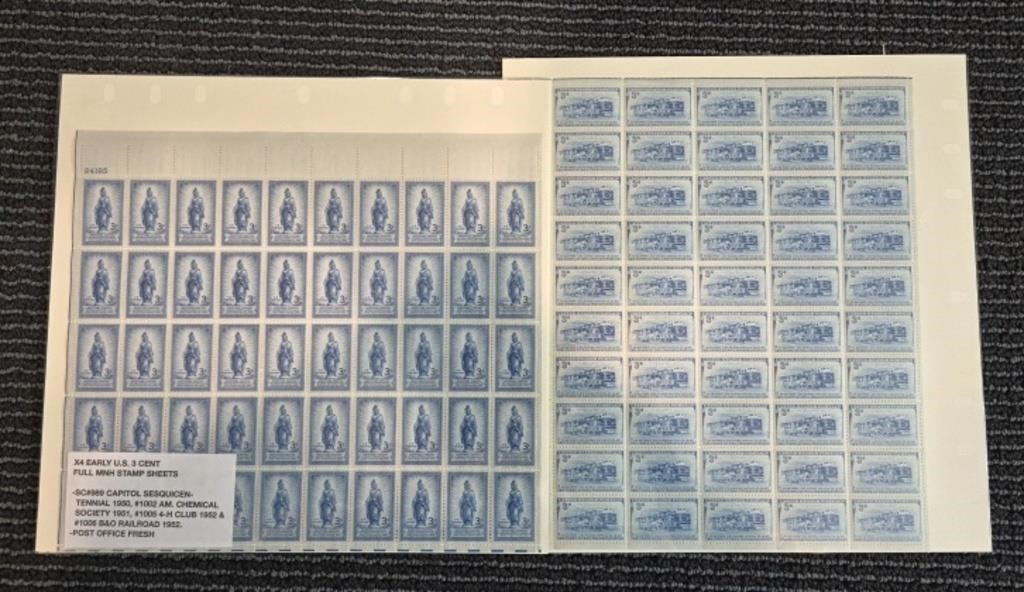 (4) Early U.S. 3-Cent Full MNH Stamp Sheets