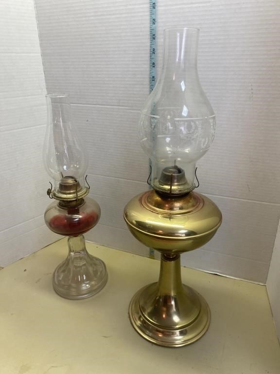 Vtg brass oil lamp and glass oil lamp