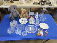 Table Lot of Misc Glass & Stuffed Bears