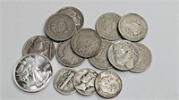3 Silver DImes, Small Silver Round, Nickels