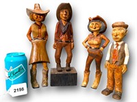 Vtg. Wood Carved Cowgirl & Cowboys