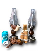Vtg. Oil Lamps & Seagull Wood Art
