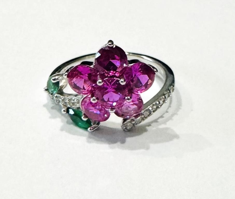 PRETTY PINK CRYSTAL STERLING FLOWER WRAP RING