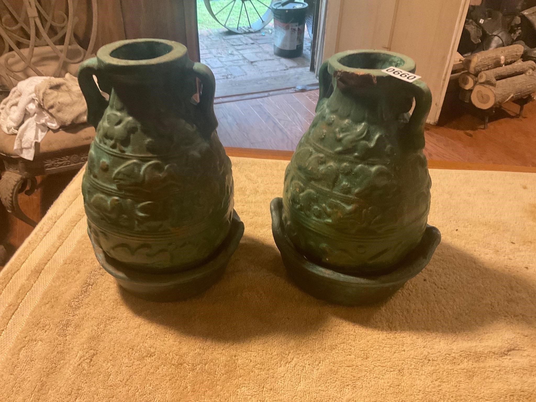 2- green ceramic planters