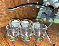 Vintage Shot Glasses in Wrought Iron Leaf Carrier