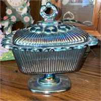 Vtg Blue Carnival Glass Footed Candy Dish w Lid