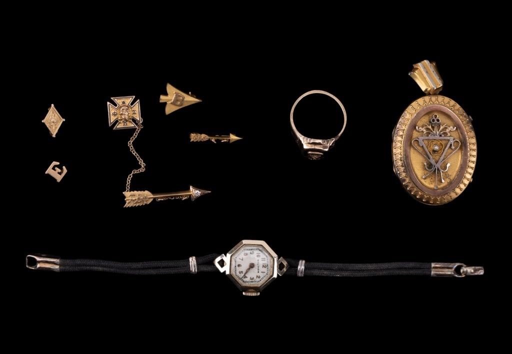Vintage Gold Jewelry, Waltham Watch, Pins (8 pcs)