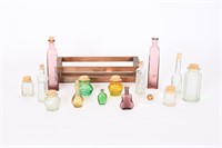 Vtg Assorted Color Apothecary Bottles, Wooden Tray