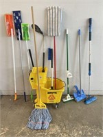 Selection of Cleaning Items & Mop Bucket