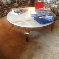 marble top round coffee table with wooden base and