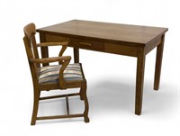 Oak Mission Period Library Table/ Desk and Chair