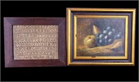 Antique Oil Painting and Sampler