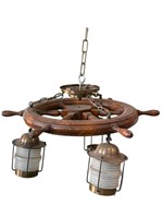Nautical Wood Wheel Light with 3 Lantern
