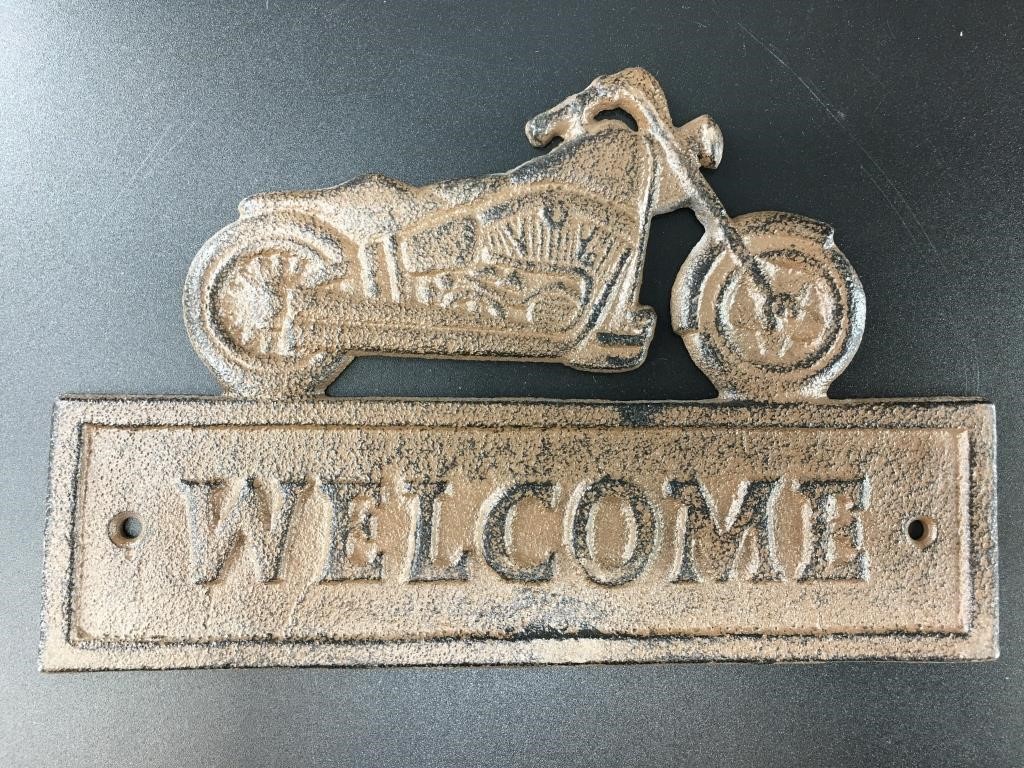 Cast iron wall plaque, "Welcome" with motorcycle o