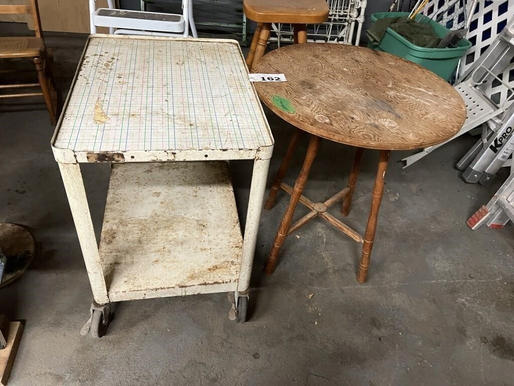 WOOD ROUND TABLE AND ROLLING CART