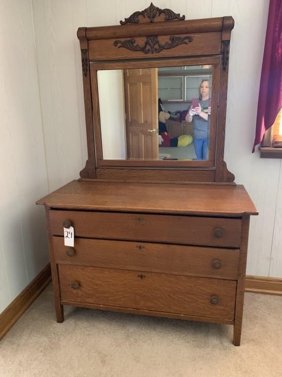Antique Oak Dresser with 3 drawers & ornate mirror