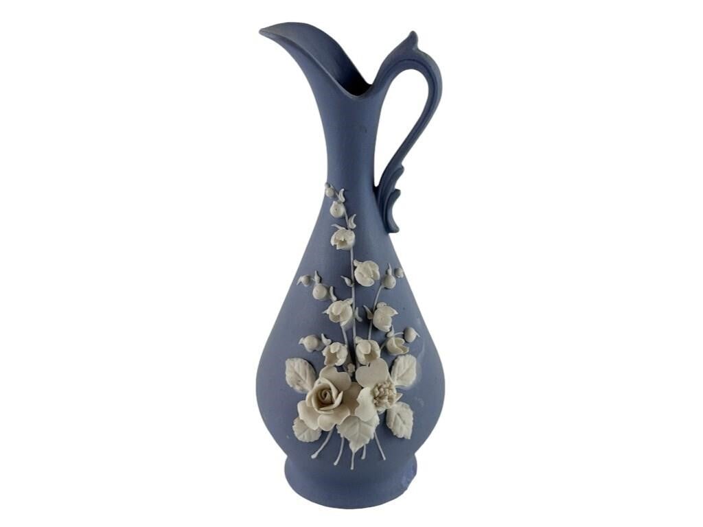 Vintage Blue Lefton Pitcher Vase w/ White Flowers