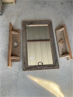 Wooden mirror & 2 shelves 28”x18”