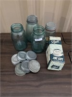 Vintage (4) blue jars & (8) zinc lids