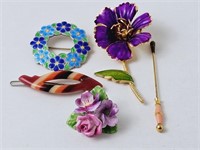Enamelled Floral Brooches Lot