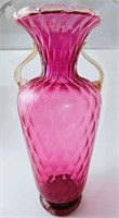 Tall Cranberry Glass Double Handled Vase