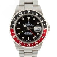 ROLEX GMT-MASTER II SS COKE RED BLACK DIAL WATCH