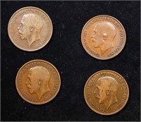 Group of 4 Coins, Great Britain Pennies, 1913, 191