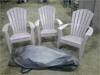 3 outdoor chairs, one with slight damage, cover