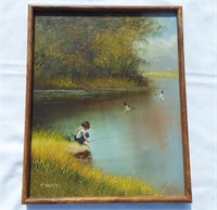 Nice oil on canvas of boy fishing. Artist signed