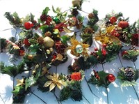 Box of assorted holiday flowers/faux pine, etc.