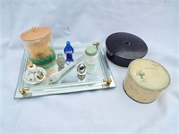 Vintage vanity/powder items on mirror tray
