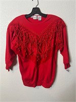 Vintage Fringe Knot Red Shirt Top