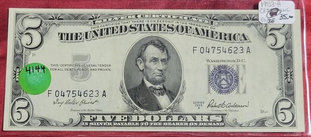 1953-A BLUE SEAL $5 SILVER CERTIFICATE